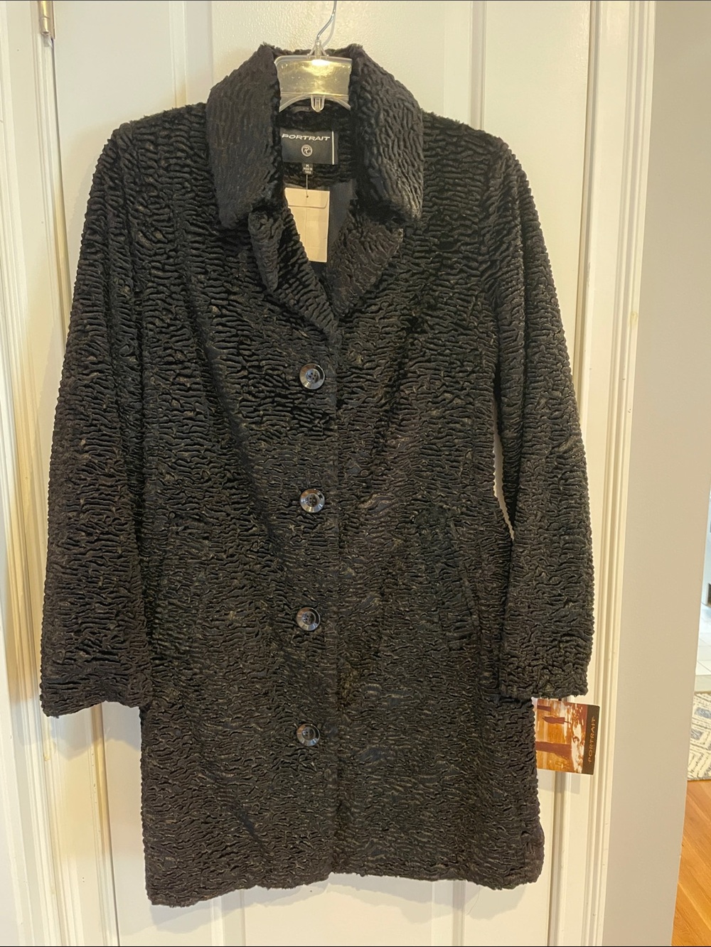 Black Textured Teddy Coat with Button Front